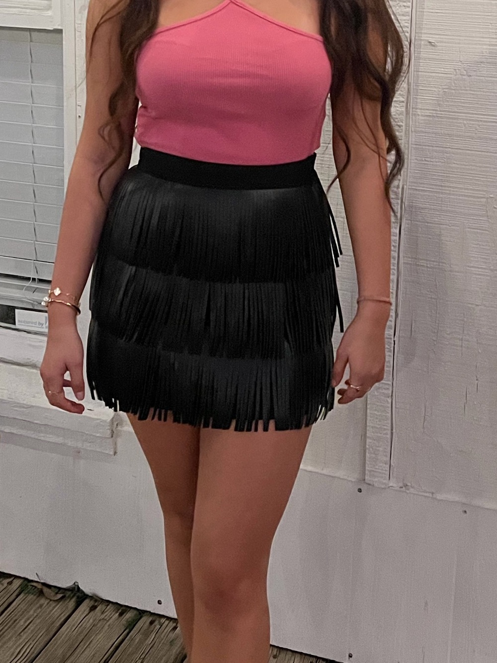 Black Faux-Leather Fringe Mini Skirt